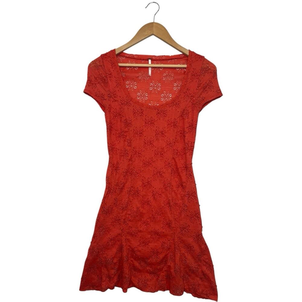 Free People Dress Womens Extra Small Orange Floral Lace Overlay Fit Flare Boho